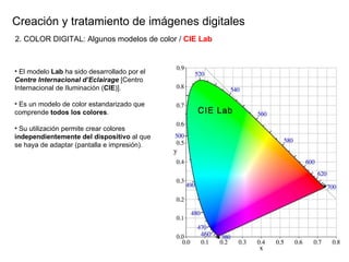 Creaci ón y tratamiento de imágenes digitales El modelo  Lab  ha sido desarrollado por el  Centre Internacional d’Eclairage  [Centro Internacional de Iluminación ( CIE )]. Es un modelo de color estandarizado que comprende  todos los colores . Su utilizaci ón permite crear colores  independientemente del dispositivo  al que se haya de adaptar (pantalla e impresión). 2. COLOR DIGITAL: Algunos modelos de color /  CIE Lab 