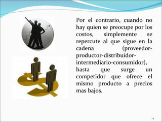 Por el contrario, cuando no
hay quien se preocupe por los
costos,    simplemente     se
repercute al que sigue en la
cadena            (proveedor-
productor-distribuidor-
intermediario-consumidor),
hasta    que     surge    un
competidor que ofrece el
mismo producto a precios
mas bajos.



                            14
 