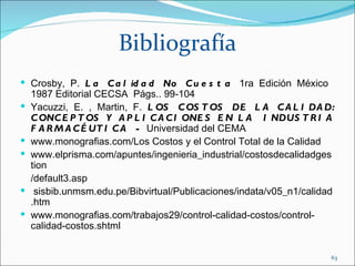 Bibliografía
 Crosby, P. L a C a l id a d No C u e s t a 1ra Edición México
    1987 Editorial CECSA Págs.. 99-104
   Yacuzzi, E. , Martin, F. L OS C OS T OS DE L A C A L I DA D:
    C ONC E P T OS Y A P L I C A C I ONE S E N L A I NDUS T R I A
    F A R M A C É UT I C A - Universidad del CEMA
   www.monografias.com/Los Costos y el Control Total de la Calidad
   www.elprisma.com/apuntes/ingenieria_industrial/costosdecalidadges
    tion
    /default3.asp
    sisbib.unmsm.edu.pe/Bibvirtual/Publicaciones/indata/v05_n1/calidad
    .htm
   www.monografias.com/trabajos29/control-calidad-costos/control-
    calidad-costos.shtml


                                                                      63
 