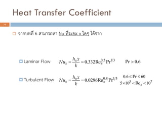Heat Transfer Coefficient
12
? ???????? 6 ???????? Nu ??????? x ??? ??????
? Laminar Flow
? Turbulent Flow
3150
3320 PrRe. .
x
x
x
k
xh
Nu ?? 60.Pr ?
3180
02960 PrRe. .
x
x
x
k
xh
Nu ??
6060 ?? Pr.
75
10105 ??? xRe
 