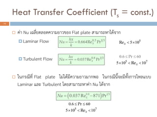 Heat Transfer Coefficient (Ts = const.)
15
? ??? Nu ???????????????????? Flat plate ??????????????
? Laminar Flow
? Turbulent Flow
? ????????? Flat plate ???????????????????? ??????????????????????????
Laminar ??? Turbulent ?????????????? Nu ??????
3150
6640 PrRe. .
x
k
hx
Nu ??
3180
0370 PrRe. .
x
k
hx
Nu ??
6060 ?? Pr.
75
10105 ??? xRe
5
105??xRe
? ?0.8 1 3
0.037Re 871 PrLNu ? ?
6060 ?? Pr.
75
10105 ??? xRe
 