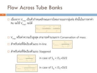 Flow Across Tube Banks
24
? ????????? Vmax ?????????????????????????????????????? ?????????????????
Re ????? Vmax, ?????
? Vmax ????????????????????? ?????????????? Conservation of mass
? ?????????????????????????? In-line
? ?????????????????????????? Staggered
in case of SD < (ST+D)/2
in case of SD < (ST+D)/2
??
? DVDV
D
maxmaxRe ??
V
DS
S
V
T
T
?
?max
V
DS
S
V
T
T
?
?max
V
DS
S
V
D
T
)(2
max
?
?
 