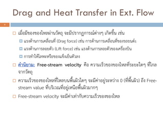 Drag and Heat Transfer in Ext. Flow
5
? ????????????????????????? ??????????????????? ???????? ????
? ???????????????????? (Drag force) ???? ?????????????????????????????s
? ???????????????? (Lift force) ???? ?????????????????????????????
? ????????????????????????????????
? ???????: Free-stream velocity ??? ??????????????????????????? ??????
????????
? ??????????????????????????????????? ?????????????????? 0 (??????????) ??? Free-
stream value ????????????????????????????????
? Free-stream velocity ???????????????????????????????
 