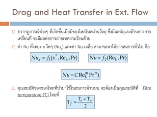 Drag and Heat Transfer in Ext. Flow
7
? ??????????????? ???????????????????????????????????? ????????????????????????
?????????? ??????????????????????????????
? ??? Nu ??????? x ??? (Nux) ?????? Nu ?????? ????????????????????????? ???
? ????????????????????????????????????????? ?????????????????????? Film
temperature (Tf) ??????
Pr),Re,( *
xx xfNu 1? Pr),(ReLfNu 2?
)PrRe nm
LCNu ?
2
??
?
TT
T s
f
 