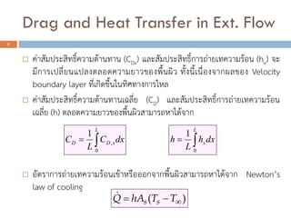 Drag and Heat Transfer in Ext. Flow
8
? ?????????????????????????? (CDx) ???????????????????????????????? (hx) ??
????????????????????????????????????? ????????????????????? Velocity
boundary layer ?????????????????????????
? ???????????????????????????????? (CD) ????????????????????????????????
?????? (h) ???????????????????????????????????
? ????????????????????????????????????????????????????????? Newtons
law of cooling
,
0
1
L
D D xC C dx
L
? ? 0
1
L
xh h dx
L
? ?
)( ??? TThAQ ss
?
 