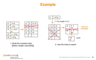 Example
Set Similarity Search using a Distributed Prefix Tree Index 23
r1 a b e
r2 a d e
r3 b c d e f
g
r4 b c d f g
r5 b d f g
a 3 r1, r2
b 3 r1
b 4 r5
b 5 r4
… … …
s c d f g
r4 4 →
4/5
r5 3 →
3/4
(r4,
s)
t = 0.8, length 4 or 5
result
c 5 r4
d 4 r5
d 5 r4
f 4 r5
… … …
1. Build the inverted index
{[token, length, {recordId}]}
only one
candidate
2. Use the index to seach
 