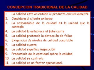 CONCEPCION TRADICIONAL DE LA CALIDAD
1.  La calidad esta orientada al producto exclusivamente
2.  Considera al cliente externo
3.  La responsable de la calidad es la unidad que la
    controla
4. La calidad la establece el fabricante
5. La calidad pretende la detección de fallas
6. Exigencias de niveles de calidad aceptable
7. La calidad cuesta
8. La calidad significa inspección
9. Predominio de la cantidad sobre la calidad
10. La calidad se controla
11. La calidad es un factor operacional.
 