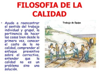 FILOSOFIA DE LA
              CALIDAD
• Ayuda a reencontrar
  el sentido del trabajo
  individual y grupal, la
  pertinencia de hacer
  las cosas bien desde la
  primera vez, conocer
  el costo de la no
  calidad, comprender el
  enfoque      preventivo
  sobre el correctivo,
  entender      que    la
  calidad no es un
  problema sino una
  solución.
 