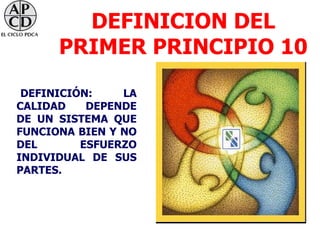 DEFINICION DEL
      PRIMER PRINCIPIO 10

 DEFINICIÓN:    LA
CALIDAD    DEPENDE
DE UN SISTEMA QUE
FUNCIONA BIEN Y NO
DEL       ESFUERZO
INDIVIDUAL DE SUS
PARTES.
 