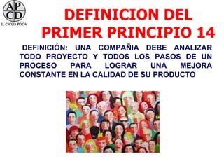 DEFINICION DEL
    PRIMER PRINCIPIO 14
 DEFINICIÓN: UNA COMPAÑIA DEBE ANALIZAR
TODO PROYECTO Y TODOS LOS PASOS DE UN
PROCESO     PARA  LOGRAR     UNA   MEJORA
CONSTANTE EN LA CALIDAD DE SU PRODUCTO
 