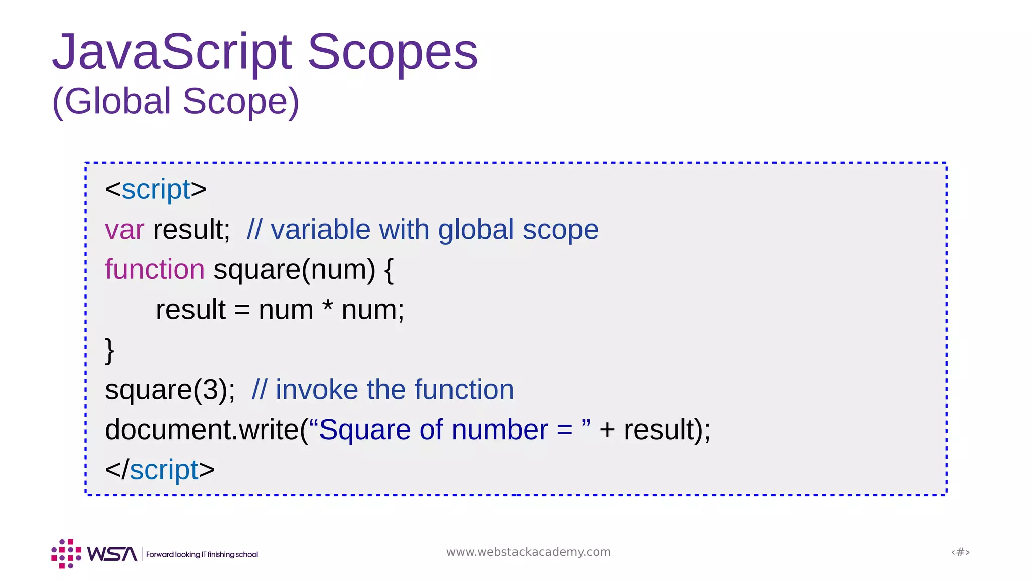 www.webstackacademy.com ‹#›
JavaScript Scopes
(Global Scope)
<script>
var result; // variable with global scope
function square(num) {
result = num * num;
}
square(3); // invoke the function
document.write(“Square of number = ” + result);
</script>
 