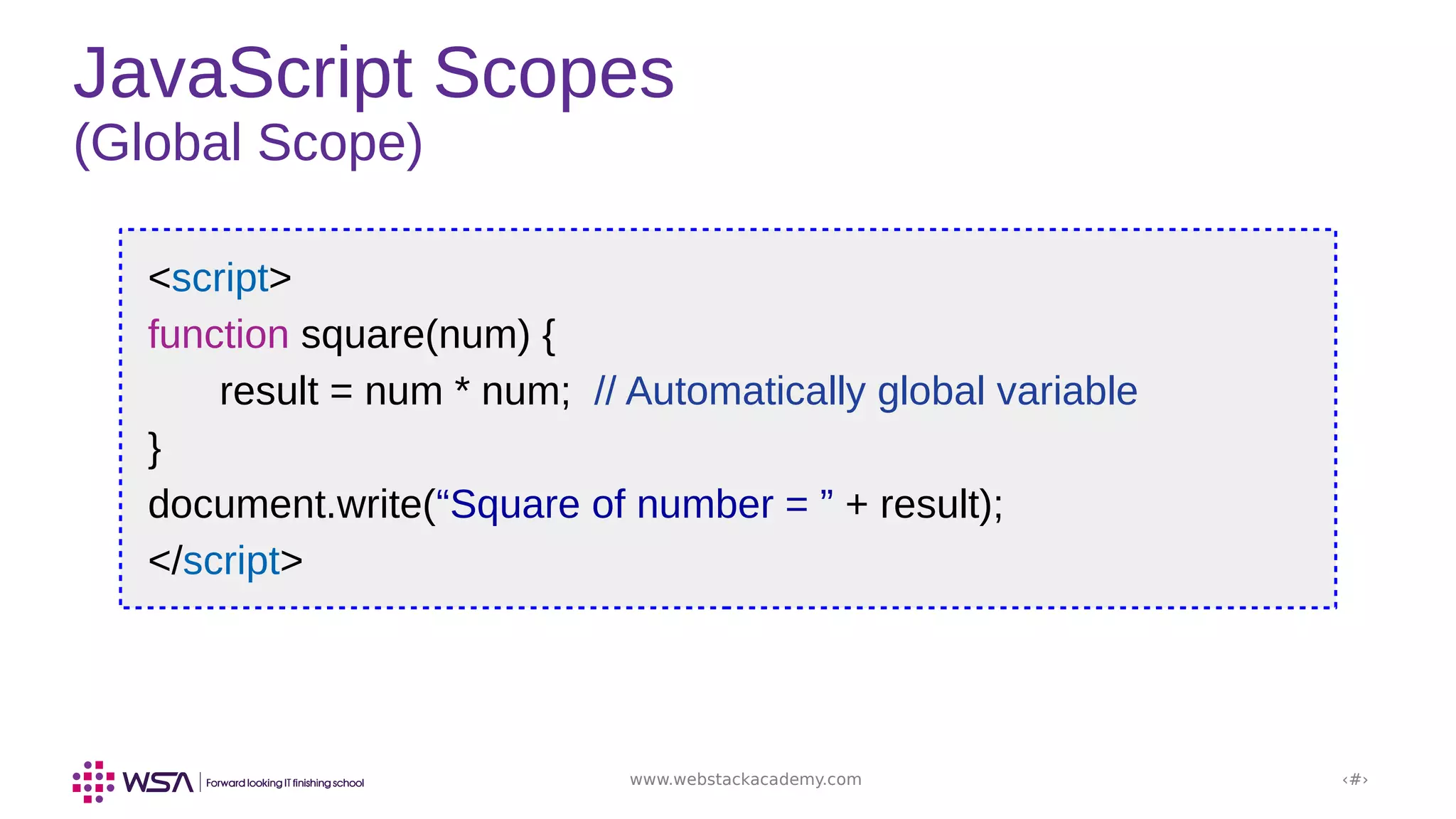 www.webstackacademy.com ‹#›
JavaScript Scopes
(Global Scope)
<script>
function square(num) {
result = num * num; // Automatically global variable
}
document.write(“Square of number = ” + result);
</script>
 