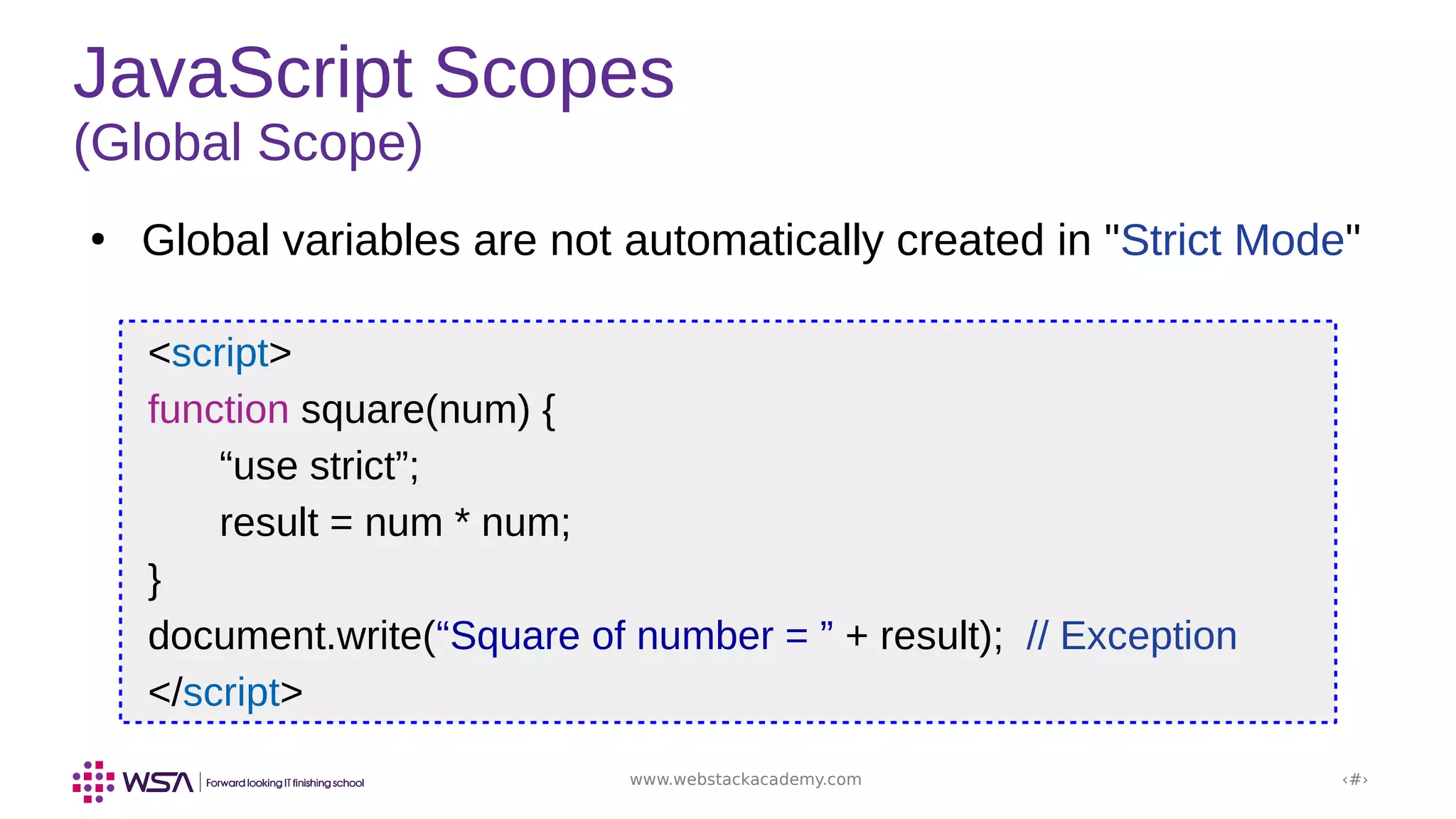 www.webstackacademy.com ‹#›
JavaScript Scopes
(Global Scope)
●
Global variables are not automatically created in "Strict Mode"
<script>
function square(num) {
“use strict”;
result = num * num;
}
document.write(“Square of number = ” + result); // Exception
</script>
 