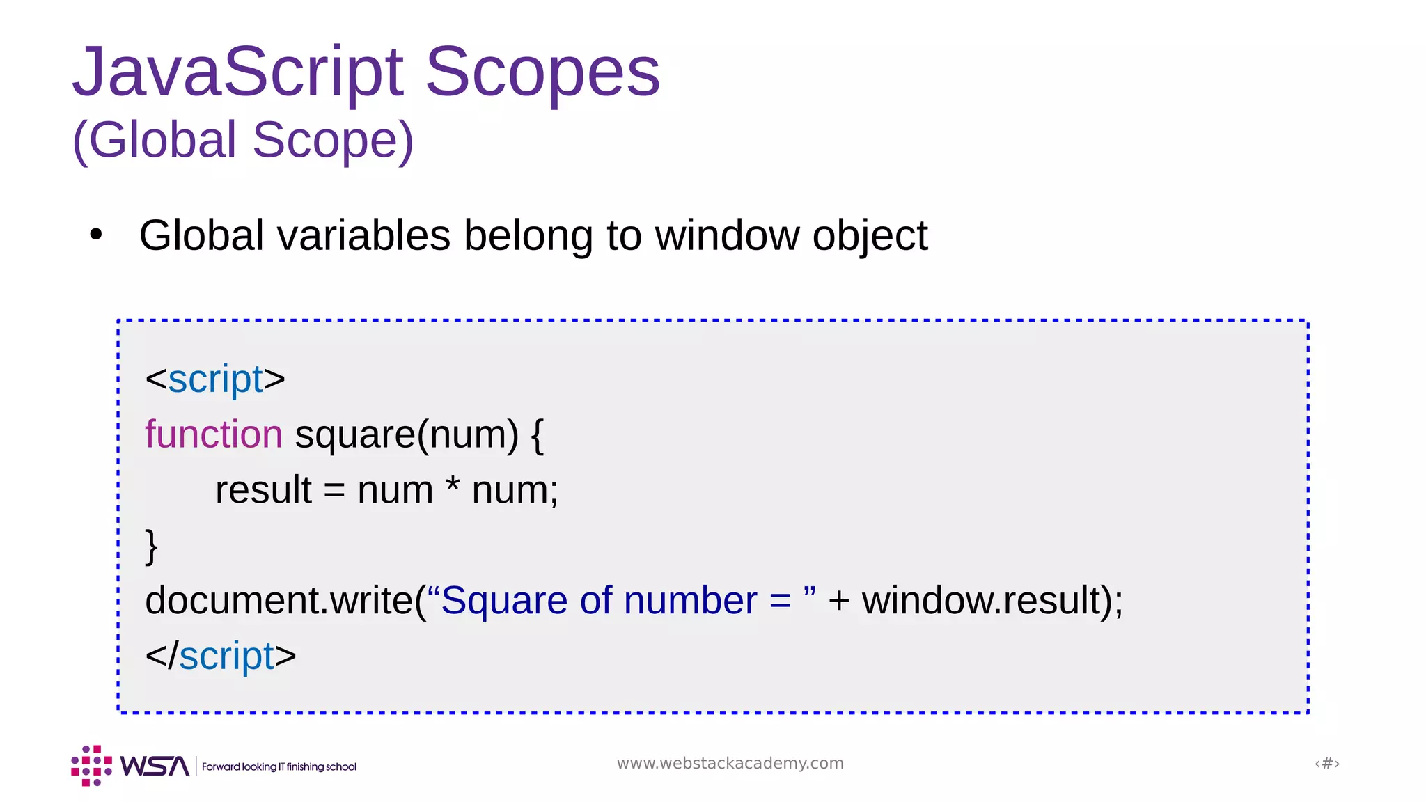 www.webstackacademy.com ‹#›
JavaScript Scopes
(Global Scope)
●
Global variables belong to window object
<script>
function square(num) {
result = num * num;
}
document.write(“Square of number = ” + window.result);
</script>
 