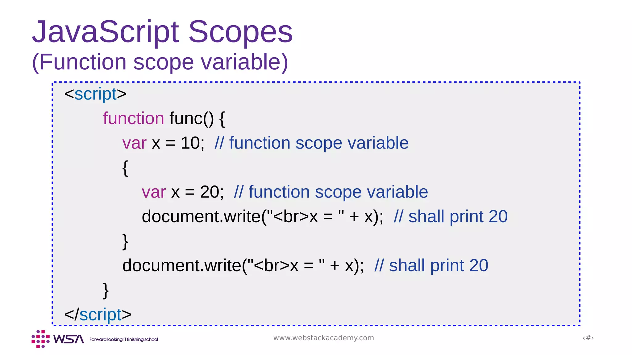 www.webstackacademy.com ‹#›
JavaScript Scopes
(Function scope variable)
<script>
function func() {
var x = 10; // function scope variable
{
var x = 20; // function scope variable
document.write("<br>x = " + x); // shall print 20
}
document.write("<br>x = " + x); // shall print 20
}
</script>
 