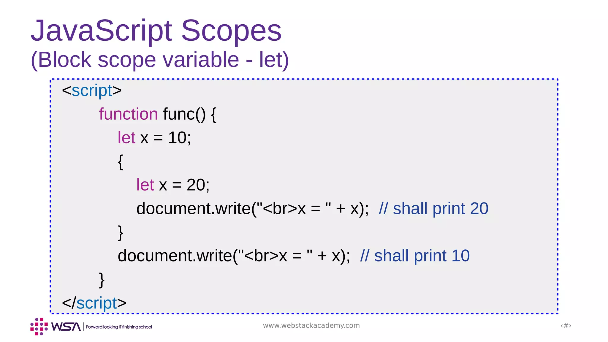 www.webstackacademy.com ‹#›
JavaScript Scopes
(Block scope variable - let)
<script>
function func() {
let x = 10;
{
let x = 20;
document.write("<br>x = " + x); // shall print 20
}
document.write("<br>x = " + x); // shall print 10
}
</script>
 