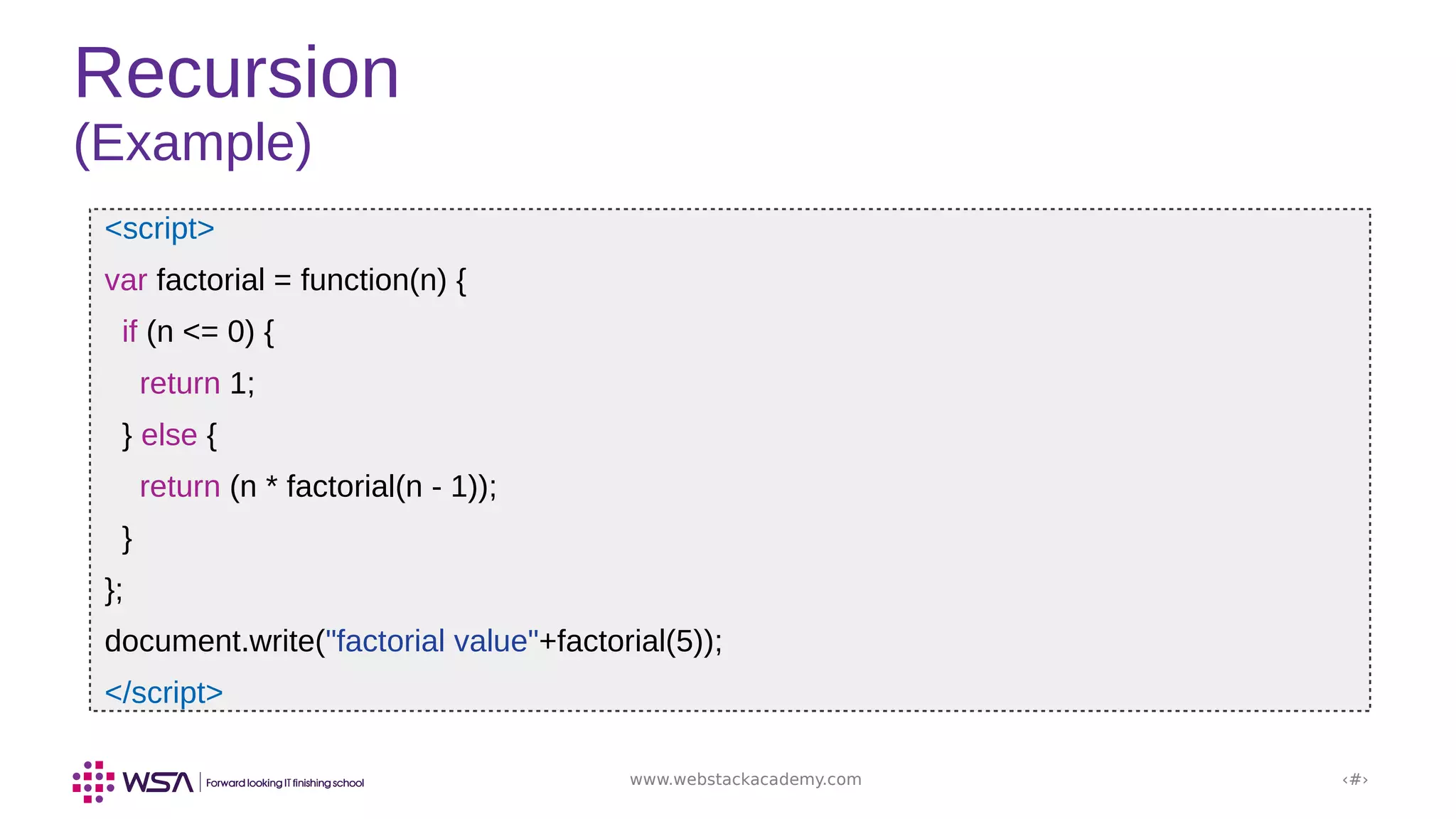 www.webstackacademy.com ‹#›
Recursion
(Example)
<script>
var factorial = function(n) {
if (n <= 0) {
return 1;
} else {
return (n * factorial(n - 1));
}
};
document.write("factorial value"+factorial(5));
</script>
 