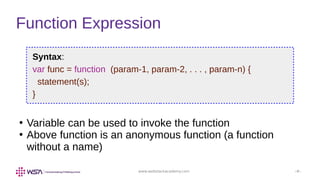 www.webstackacademy.com ‹#›
Function Expression
Syntax:
var func = function (param-1, param-2, . . . , param-n) {
statement(s);
}
●
Variable can be used to invoke the function
●
Above function is an anonymous function (a function
without a name)
 