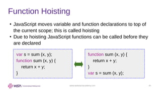 www.webstackacademy.com ‹#›
Function Hoisting
●
JavaScript moves variable and function declarations to top of
the current scope; this is called hoisting
●
Due to hoisting JavaScript functions can be called before they
are declared
var s = sum (x, y);
function sum (x, y) {
return x + y;
}
function sum (x, y) {
return x + y;
}
var s = sum (x, y);
 