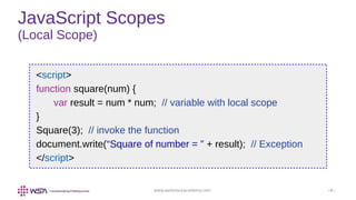 www.webstackacademy.com ‹#›
JavaScript Scopes
(Local Scope)
<script>
function square(num) {
var result = num * num; // variable with local scope
}
Square(3); // invoke the function
document.write(“Square of number = ” + result); // Exception
</script>
 