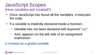 www.webstackacademy.com ‹#›
JavaScript Scopes
(How variables are created?)
●
Once JavaScript has found all the variables, it executes
the code
●
If a variable is implicitly declared inside a function -
– Variable has not been declared with keyword “var”
– And, appears on the left side of an assignment
expression
is created as a global variable
 