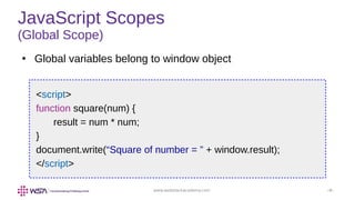 www.webstackacademy.com ‹#›
JavaScript Scopes
(Global Scope)
●
Global variables belong to window object
<script>
function square(num) {
result = num * num;
}
document.write(“Square of number = ” + window.result);
</script>
 