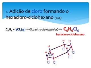 b. Adição de cloro formando o
hexacloro-ciclohexano (666)
C6H6 + 3Cl2(g) →(luz ultra-violeta/calor)→ C6H6Cl6
hexacloro-ciclohexano
 