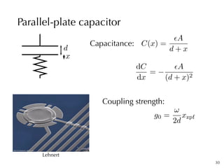 Parallel-plate capacitor
30
dC
dx
=
✏A
(d + x)2
Lehnert
x
d
C(x) =
✏A
d + x
Capacitance:
g0 =
!
2d
xzpf
Coupling strength:
 