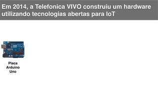 Em 2014, a Telefonica VIVO construiu um hardware
utilizando tecnologias abertas para IoT!
Placa
Arduino
Uno!
 