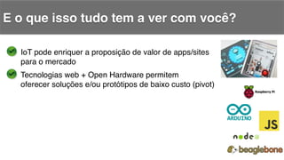 E o que isso tudo tem a ver com você?!
IoT pode enriquer a proposição de valor de apps/sites!
para o mercado!
Tecnologias web + Open Hardware permitem!
oferecer soluções e/ou protótipos de baixo custo (pivot)!
 