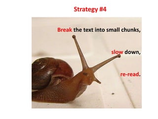 Strategy #4

Break the text into small chunks,


                     slow down,


                        re-read.
 