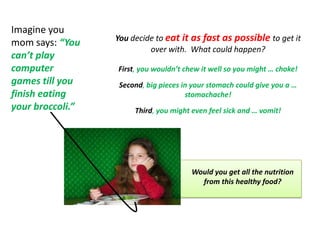 Imagine you
                  You decide to eat it as fast as possible to get it
mom says: “You
                           over with. What could happen?
can’t play
computer          First, you wouldn’t chew it well so you might … choke!
games till you     Second, big pieces in your stomach could give you a …
finish eating                          stomachache!
your broccoli.”        Third, you might even feel sick and … vomit!




                                        Would you get all the nutrition
                                          from this healthy food?
 