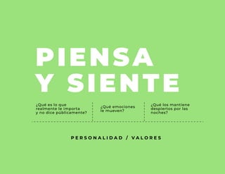PIENSA
Y SIENTE
¿Qué es lo que
realmente le importa
y no dice públicamente?
¿Qué emociones
le mueven?
¿Qué los mantiene
despiertos por las
noches?
P E R S O N A L I D A D / V A L O R E S
 