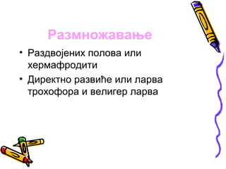 Размножавање
• Раздвојених полова или
  хермафродити
• Директно развиће или ларва
  трохофора и велигер ларва
 