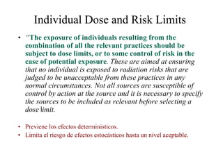 Individual Dose and Risk Limits
• “The exposure of individuals resulting from the
combination of all the relevant practice...