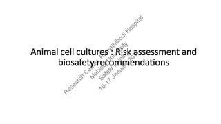 Animal cell cultures : Risk assessment and
biosafety recommendations
R
e
s
e
a
r
c
h
C
e
n
t
e
r
,
R
a
m
a
t
h
i
b
o
d
i
H
o
s
p
i
t
a
l
M
a
h
i
d
o
l
U
n
i
v
e
r
s
i
t
y
S
a
f
e
t
y
t
r
a
i
n
i
n
g
1
6
-
1
7
J
a
n
u
a
r
y
2
0
1
7
 