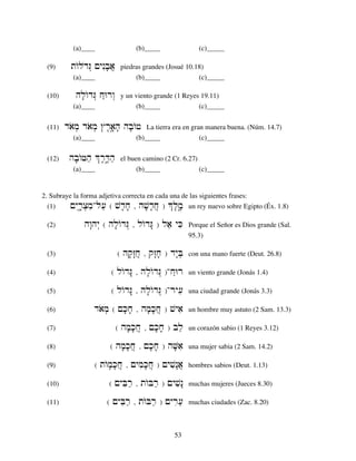 53
(a) _ (b) _ _ (c) ____
(9) twOldøG“ µynIb;a} piedras grandes (Josué 10.18)
(a) _ (b) _ _ (c) ____
(10) hl;wOdG“ j"Wrw“ y un viento grande (1 Reyes 19.11)
(a) _ (b) _ _ (c) ____
(11) daom] daom] ≈r,a¢…h; hb;wOf La tierra era en gran manera buena. (Núm. 14.7)
(a) _ (b) _ _ (c) ____
(12) hb;wOFh' Jr,D¢≤h' el buen camino (2 Cr. 6.27)
(a) _ (b) _ _ (c) ____
2. Subraye la forma adjetiva correcta en cada una de las siguientes frases:
(1) µyIr¢…x]miAl[' ( vd;j; , hv;d;j} ) Jl,m¢≤ un rey nuevo sobre Egipto (Éx. 1.8)
(2) hw:hy“ ( hl;wOdG“ , lwOdG: ) lae yKi Porque el Señor es Dios grande (Sal.
95.3)
(3) ( hq;z:j} , qz:j; ) dy:B] con una mano fuerte (Deut. 26.8)
(4) ( lwOdG: , hl;wOdG“ )Aj"Wr un viento grande (Jonás 1.4)
(5) ( lwOdG: , hl;wOdG“ )Ary[i una ciudad grande (Jonás 3.3)
(6) daom] ( µk;j; , hm;k;j} ) vyai un hombre muy astuto (2 Sam. 13.3)
(7) ( hm;k;j} , µk;j; ) ble un corazón sabio (1 Reyes 3.12)
(8) ( hm;k;j} , µk;j; ) hV;ai una mujer sabia (2 Sam. 14.2)
(9) ( twOm;k;j} , µymik;j} ) µyvin:a} hombres sabios (Deut. 1.13)
(10) ( µyBir' , twOBr' ) µyvin: muchas mujeres (Jueces 8.30)
(11) ( µyBir' , twOBr' ) µyri[' muchas ciudades (Zac. 8.20)
 