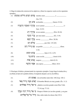 55
4. Haga la traducción correcta de los adjetivos y llene los espacios vacíos en los siguientes
ejemplos:
(1) µybiwOfw“ µylidoG“ µyBir' µyTiB; muchas casas ____________ y ____________
(Isa. 5.9)
(2) ˜qez: vyai un hombre ___________ (Jueces 19.16)
(3) hr;v;y“h'w“ hb;wOFh' Jr,D¢≤B' en el camino ___________ y __________ (1
Sam. 12.23)
(4) [r; Jr,d¢≤B] en un camino __________ (Prov 28.10)
(5) hq;z:j} dy:B] por una mano __________ (Éx. 3.19)
(6) µk;j; Jl,m¢≤ un rey __________ (Prov. 20.26)
(7) br; µwOlv; __________ paz (Sal. 119.165)
(8) br'w“ lwOdG: µ[' un pueblo _________ y __________ (Deut.
2.10)
(9) µyBir' µynIB; __________ hijos (1 Cr. 4.27)
(10) rm; µwOyK] como un día __________ (Amós 8.10)
(11) twOpy: µyvin: mujeres __________ (Job 42.15)
(12) hv;d;j} hV;ai una esposa __________ (Deut. 24.5)
5. Practique el hebreo, pronunciando los siguientes ejemplos. Luego haga la traducción y
escríbala al lado de la palabra hebrea. Compárela después con la cita bíblica.
(1) [r; µd;a;me de un hombre malo (Sal. 140.2/esp. 140.1)
(2) daom] lwOdG: hv,mo vyaih; El hombre Moisés era muy grande. (Éx. 11.3)
(3) µyhiløaKe lwOdG: laeAymi ¿Quién es un dios grande como Dios? (Sal.
77.14 (esp. 77.13)
(4) Jl,m¢≤W hw:hy“ lwOdG: lae yKi Porque el Señor (es) un dios grande, y un gran
µyhiløa‘AlK;Al[' lwOdG; Rey sobre todos los dioses (Sal. 95.3)
 