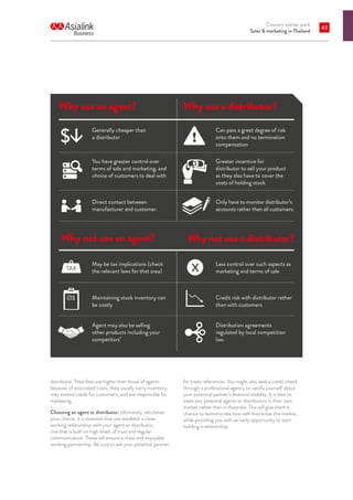Country starter pack
Sales  marketing in Thailand
43
distributor. Their fees are higher than those of agents
because of associated costs; they usually carry inventory,
may extend credit for customers, and are responsible for
marketing.
Choosing an agent or distributor: Ultimately, whichever
your choice, it is essential that you establish a close
working relationship with your agent or distributor,
one that is built on high levels of trust and regular
communication. These will ensure a close and enjoyable
working partnership. Be sure to ask your potential partner
for trade references. You might also seek a credit check
through a professional agency to satisfy yourself about
your potential partner’s financial stability. It is best to
meet any potential agents or distributors in their own
market rather than in Australia. This will give them a
chance to demonstrate how well they know the market,
while providing you with an early opportunity to start
building a relationship.
Why use an agent? Why use a distributor?
Why not use an agent?
Direct contact between
manufacturer and customer.
Generally cheaper than
a distributor
$

You have greater control over
terms of sale and marketing, and
choice of customers to deal with
May be tax implications (check
the relevant laws for that area)
Why not use a distributor?
Can pass a great degree of risk
onto them and no termination
compensation
Distribution agreements
regulated by local competition
law.
☑$
$
x
TAX
Only have to monitor distributor’s
accounts rather than all customers.
Greater incentive for
distributor to sell your product
as they also have to cover the
costs of holding stock
Maintaining stock inventory can
be costly
Agent may also be selling
other products including your
competitors’
Less control over such aspects as
marketing and terms of sale
Credit risk with distributor rather
than with customers
 