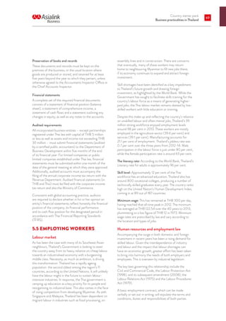 Country starter pack
Business practicalities in Thailand
69
Preservation of books and records
These documents and records must be kept on the
premises of the business, or the usual location where
goods are produced or stored, and retained for at least
five years beyond the year to which they pertain, unless
otherwise agreed to the Accountants Inspector Office or
the Chief Accounts Inspector.
Financial statements
A complete set of the required financial documents
consists of a statement of financial position (balance
sheet), a statement of comprehensive income, a
statement of cash flows and a statement outlining any
changes in equity, as well as any notes to the accounts.
Audited requirements
All incorporated business entities – except partnerships
registered under Thai law with capital of THB 5 million
or less as well as assets and income not exceeding THB
30 million – must submit financial statements (audited
by a certified public accountant) to the Department of
Business Development within five months of the end
of its financial year. For limited companies or public
limited companies established under Thai law, financial
statements must be submitted within one month of the
date of the general meeting at which they were approved.
Additionally, audited accounts must accompany the
filing of the annual corporate income tax return with the
Revenue Department. Audited financial statements (in
THB and Thai) must be filed with the corporate income
tax return and also the Ministry of Commerce.
Consistent with global accounting practice, auditors
are required to declare whether in his or her opinion an
entity’s financial statements reflect honestly the financial
position of the company, its financial performance
and its cash flow position for the designated period in
accordance with Thai Financial Reporting Standards
(TFRS).
5.5	EMPLOYING WORKERS
Labour market
As has been the case with many of its Southeast Asian
neighbours, Thailand’s Government is looking to steer
the country away from its heavy reliance on cheap labour
towards an industrialised economy with a burgeoning
middle class. Necessity, as much as ambition, is driving
this transformation. Thailand has a rapidly ageing
population: the second oldest among the region’s 11
countries, according to the United Nations. It will unlikely
have the labour might in the future to sustain labour-
intensive industries. In response, the Thai government is
ramping up education as a key priority for its people and
reorganising its industrial base. This also comes in the face
of rising competition from developing Myanmar. As with
Singapore and Malaysia, Thailand has been dependent on
migrant labour in industries such as food processing, on
assembly lines and in construction. There are concerns
that eventually, many of these workers may return
home to neighbouring Myanmar to fill new jobs there,
if its economy continues to expand and attract foreign
investment.
Skill shortages have been identified as a key impediment
to Thailand’s future growth and drawing foreign
investment, as highlighted by the World Bank. While the
Government has sought to facilitate skills training for the
country’s labour force as a means of generating higher-
paid jobs, the Thai labour market remains skewed by low-
skilled workers with little education or training.
Despite this make up and reflecting the country’s reliance
on unskilled labour and often menial jobs, Thailand’s 39
million strong workforce enjoyed employment levels
around 98 per cent in 2013. These workers are mostly
employed in the agriculture sector (39.6 per cent) and
services (39.1 per cent). Manufacturing accounts for
21.1 per cent of employment. Thailand’s jobless rate was
0.7 per cent over the three years from 2012-14. Male
participation in the labour force is just under 80 per cent,
while the female participation rate is around 63 per cent.
The literacy rate: According to the World Bank, Thailand’s
Literacy rate for adults is approximately 96 per cent.
Skill level: Approximately 12 per cent of the Thai
workforce has an advanced education. Thailand also has
around 800 vocational colleges, producing a number of
technically skilled graduates every year. The country ranks
high on the United Nation’s Human Development Index,
coming in at 89 out of 187 countries.
Minimum wage: This has remained at THB 300 per day,
having reached that all time peak in 2012. The minimum
has averaged at THB 122.54 over the 40 years to 2013,
plummeting to a low figure of THB 12 in 1973. Minimum
wage rates are prescribed by law and vary according to
the location and types of jobs.
Human resources and employment law
Accompanying the surge in both domestic and foreign
investment in recent years has been a rising demand for
skilled labour. Given the interdependence of industry
and labour and the impact that labour shortages can
have on economic growth, greater effort has been taken
to bring into harmony the needs of both employers and
employees. This is overseen by industrial legislation.
The key laws governing this relationship include the
Civil and Commercial Code, the Labour Protection Act
(1998), and its subsequent amendment (2008), the
Labour Relations Act (1975) and the Labour Procedures
Act (1979).
A basic employment contract, which can be made
verbally or set out in writing, will stipulate the terms and
conditions, duties and responsibilities of both parties.
 