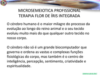 Dr. Clodoaldo Pacheco

                                                                          .

                 MICROSEMEIOTICA PROFISSIONAL
                 TERAPIA FLOR DE ÍRIS INTEGRADA
O cérebro humano é o maior milagre do processo da
evolução ao longo do reino animal e o seu tecido
evoluiu muito mais do que qualquer outro tecido no
nosso corpo.

O cérebro não só é um grande biocomputador que
governa e ordena as vastas e complexas funções
fisiológicas do corpo, mas também é o centro de
inteligência, percepção, sentimento, criatividade e
espiritualidade.
                                                  TERAPIA FLOR DE ÍRIS®
 