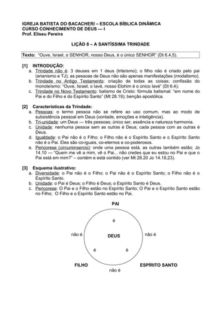 IGREJA BATISTA DO BACACHERI – ESCOLA BÍBLICA DINÂMICA
CURSO CONHECIMENTO DE DEUS — I
Prof. Eliseu Pereira
LIÇÃO 8 – A SANTÍSSIMA TRINDADE
Texto: “Ouve, Israel, o SENHOR, nosso Deus, é o único SENHOR” (Dt 6.4,5).
[1] INTRODUÇÃO:
a. Trindade não é: 3 deuses em 1 deus (triteísmo); o filho não é criado pelo pai
(arianismo e TJ); as pessoas de Deus não são apenas manifestações (modalismo).
b. Trindade no Antigo Testamento: criação de todas as coisas; confissão do
monoteísmo: “Ouve, Israel, o Iavé, nosso Elohim é o único Iavé” (Dt 6.4);
c. Trindade no Novo Testamento: batismo de Cristo: fórmula batismal: “em nome do
Pai e do Filho e do Espírito Santo” (Mt 28.19); benção apostólica.
[2] Características da Trindade:
a. Pessoas: o termo pessoa não se refere ao uso comum, mas ao modo de
subsistência pessoal em Deus (vontade, emoções e inteligência).
b. Tri-unidade: um Deus — três pessoas; único ser, essência e natureza harmonia.
c. Unidade: nenhuma pessoa sem as outras é Deus; cada pessoa com as outras é
Deus.
d. Igualdade: o Pai não é o Filho; o Filho não é o Espírito Santo e o Espírito Santo
não é o Pai. Eles são co-iguais, co-eternos e co-poderosos.
e. Pericorese (circuminsercio): onde uma pessoa está, as outras também estão; Jo
14.10 — “Quem me vê a mim, vê o Pai... não credes que eu estou no Pai e que o
Pai está em mim?” – contém e está contido (ver Mt 28.20 Jo 14.18,23).
[3] Esquema ilustrativo:
a. Diversidade: o Pai não é o Filho; o Pai não é o Espírito Santo; o Filho não é o
Espírito Santo.
b. Unidade: o Pai é Deus; o Filho é Deus; o Espírito Santo é Deus.
c. Pericorese: O Pai e o Filho estão no Espírito Santo; O Pai e o Espírito Santo estão
no Filho; O Filho e o Espírito Santo estão no Pai.
PAI
não é não é
FILHO ESPÍRITO SANTO
não é
é
DEUS
é é
 