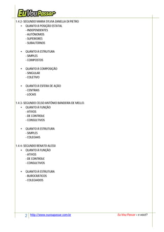 2 http://www.euvoupassar.com.br Eu Vou Passar – e você?
1.4.2- SEGUNDO MARIA SYLVIA ZANELLA DI PIETRO
• QUANTO À POSIÇÃO ESTATAL
- INDEPENDENTES
- AUTÔNOMOS
- SUPERIORES
- SUBALTERNOS
• QUANTO À ESTRUTURA
- SIMPLES
- COMPOSTOS
• QUANTO À COMPOSIÇÃO
- SINGULAR
- COLETIVO
• QUANTO À ESFERA DE AÇÃO
- CENTRAIS
- LOCAIS
1.4.3- SEGUNDO CELSO ANTÔNIO BANDEIRA DE MELLO.
• QUANTO À FUNÇÃO
- ATIVOS
- DE CONTROLE
- CONSULTIVOS
• QUANTO À ESTRUTURA
- SIMPLES
- COLEGIAIS
1.4.4- SEGUNDO RENATO ALESSI
• QUANTO À FUNÇÃO
- ATIVOS
- DE CONTROLE
- CONSULTIVOS
• QUANTO À ESTRUTURA
- BUROCRÁTICOS
- COLEGIADOS
 