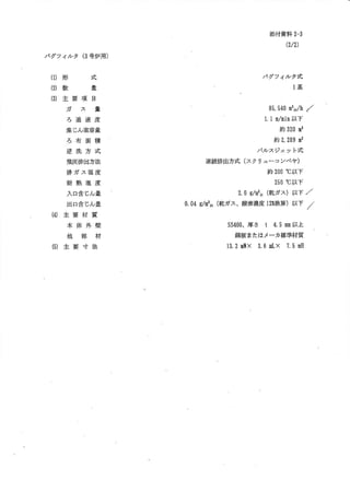 添付資料 2-3
(2/2)

バ グフィル タ (3号 炉用 )

(1)形
(2)数

量

バ グフィル タ式

式

1基

・

侶
)主 要 項 目
ガ

ス

85,540が

量

N/h/

ろ 過 速 度

1. l m/11in以 下

集 じん室容量

約 320m3

ろ 布 面 積

約 2,289m2

逆 洗 方 式

パルス ジ ェ ッ ト
式

飛灰排 出方法

連 続排出方式

(ス

ク リュー コ ンベ ヤ )

排 ガ ス温 度

約 200℃ 以下

耐 熱 温 度

250℃ 以下

入 口含 じん量

2.Og/m3N(乾 ガ ス)以 下

出 口含 じん量

ス 酸 濃
0.04g/m3N(乾 ガ ヽ 素 度 12%換 算
)以 下

に
)主 要 材 質
本 体 外 壁
他

部

材

(5)主 要 寸 法

SS400、

厚 さ t 4.5111111以 上

鋼板 またはメー カ標準材 質
13.211W× 3.6 mL× 7.5 mH

/
/'

 