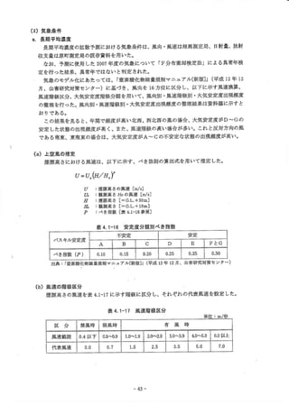 (工
a。

)気 象条件
長期平均濃度
長期 平均濃度 の拡散予測 における気象条件 は、風向・風速 は相馬測定局、日射量、放射
収支量 は原町測定局 の既存資料 を用 い た。
なお、予測に使用 した 2007年 度 の気象 について 「F分 布棄却検定法」 による異常年検
定 を行 つた結果、異常年 ではない と判 定 された。
「
気象 のモデル化 にあた つては、 窒素酸化物総量規制 マニュアル [新 版]」 (平 成 12年 12
月、公 害研究対策セ ンター)に 基づ き、風向 を 16方 位 に区分 し、以下 に示す風速換算、
。
風速階級区分、大気安定度階級分類 を用いて、風向別・風速階級別 大気安定度出現頻度
大気安定度 出現頻度 の整理 結果 は資料編 に示す と
の整理 を行 つた。風向別 。
風速階級別 。
お りで ある。
この結果 を見 ると、年間で頻度 が高 い北西、西北西 の風 の場合、大気安定度がD∼ Gの
安定 した状態 の出現頻度 が高 く、また、風速階級 の高い場合 が多い。これ と反対方向の風
である南東、東南東 の場合 は、大気安 定度が A∼ Cの 不安定な状態 の出現頻度 が高い。

(a)上 空風の推定
煙源 高 さにおける風速 は、以下 に示 す、べ き法則 の算出式 を用 いて推定 した。

び=び 。
3/1。 )P
び
易
∬
島
Ｐ

煙源高 さの風速 [m/s]
観測高 さ Hο の風速 [m/s]
煙源高 さ [=G.L.+30m]
観測高 さ [=G・ L.+10m]
べ き指数 [表 4.1-16参 照]

表 4,1-16 安定度分類別べ き指数
パ スキル安定度

B

C

D

E

Fと

0.15

A

べ き指数 (P)
出典

安定

不安定

0.20

0.25

0.25

0。

:「 窒素酸化物総量規制 マニュアル [新 版]」

(平 成

G

30

12年 12月 、公害研究対策 セ ンター)

(b)風 速 の階級 区分
煙源 高 さの風速 を表 4.1-17に 示 す 階級 に 区分 し、 それ ぞれ の代表風 速 を設 定 した。

表 4.1-17 風速階級区分
区

分

風速範囲
代 表風速

無風時
0.4以 下

0.5司 .9

有

弱風 時

風

時

0,7

-43-

2.0-2.9

3.0∼ 3.9

4.0-5,9

6.0ジ 史
上

3.5

1.0∼ 1.9

5.0

7.0

 