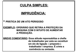 CULPA SIMPLES:CULPA SIMPLES:
IMPRUDÊNCIA:IMPRUDÊNCIA:
• PRÁTICA DE UM ATO PERIGOSOPRÁTICA DE UM ATO PERIGOSO
EXEMPLOEXEMPLO:: OPERÁRIO QUE RETIRA A PROTEÇÃO DAOPERÁRIO QUE RETIRA A PROTEÇÃO DA
MÁQUINA COM O INTUITO DE AUMENTARMÁQUINA COM O INTUITO DE AUMENTAR
A PRODUÇÃO.A PRODUÇÃO.
BREVE COMENTÁRIOBREVE COMENTÁRIO: Essa atitude reponsabiliza a chefia: Essa atitude reponsabiliza a chefia
do trabalhador por esta se constituirdo trabalhador por esta se constituir
em elo de ligação ( preposto )em elo de ligação ( preposto )
trabalhador / empresa. É crime atrabalhador / empresa. É crime a
conivência ou omissão.conivência ou omissão.
CULPA SIMPLES:CULPA SIMPLES:
IMPRUDÊNCIA:IMPRUDÊNCIA:
• PRÁTICA DE UM ATO PERIGOSOPRÁTICA DE UM ATO PERIGOSO
EXEMPLOEXEMPLO:: OPERÁRIO QUE RETIRA A PROTEÇÃO DAOPERÁRIO QUE RETIRA A PROTEÇÃO DA
MÁQUINA COM O INTUITO DE AUMENTARMÁQUINA COM O INTUITO DE AUMENTAR
A PRODUÇÃO.A PRODUÇÃO.
BREVE COMENTÁRIOBREVE COMENTÁRIO: Essa atitude reponsabiliza a chefia: Essa atitude reponsabiliza a chefia
do trabalhador por esta se constituirdo trabalhador por esta se constituir
em elo de ligação ( preposto )em elo de ligação ( preposto )
trabalhador / empresa. É crime atrabalhador / empresa. É crime a
conivência ou omissão.conivência ou omissão.
 