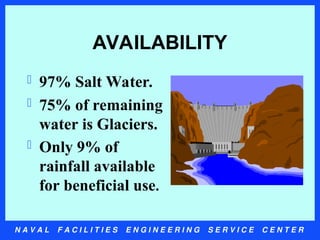 N A V A L F A C I L I T I E S E N G I N E E R I N G S E R V I C E C E N T E R
AVAILABILITY
 97% Salt Water.
 75% of remaining
water is Glaciers.
 Only 9% of
rainfall available
for beneficial use.
 