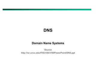 DNS
Domain Name Systems
Source
http://isr.uncc.edu/ITIS3100/3100PowerPoint/DNS.ppt
 