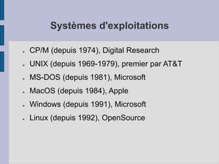 Systèmes d'exploitations
● CP/M (depuis 1974), Digital Research
● UNIX (depuis 1969-1979), premier par AT&T
● MS-DOS (depuis 1981), Microsoft
● MacOS (depuis 1984), Apple
● Windows (depuis 1991), Microsoft
● Linux (depuis 1992), OpenSource
 