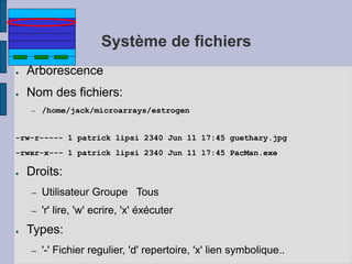 Système de fichiers
● Arborescence
● Nom des fichiers:
– /home/jack/microarrays/estrogen
-rw-r----- 1 patrick lipsi 2340 Jun 11 17:45 guethary.jpg
-rwxr-x--- 1 patrick lipsi 2340 Jun 11 17:45 PacMan.exe
● Droits:
– Utilisateur Groupe Tous
– 'r' lire, 'w' ecrire, 'x' éxécuter
● Types:
– '-' Fichier regulier, 'd' repertoire, 'x' lien symbolique..
 